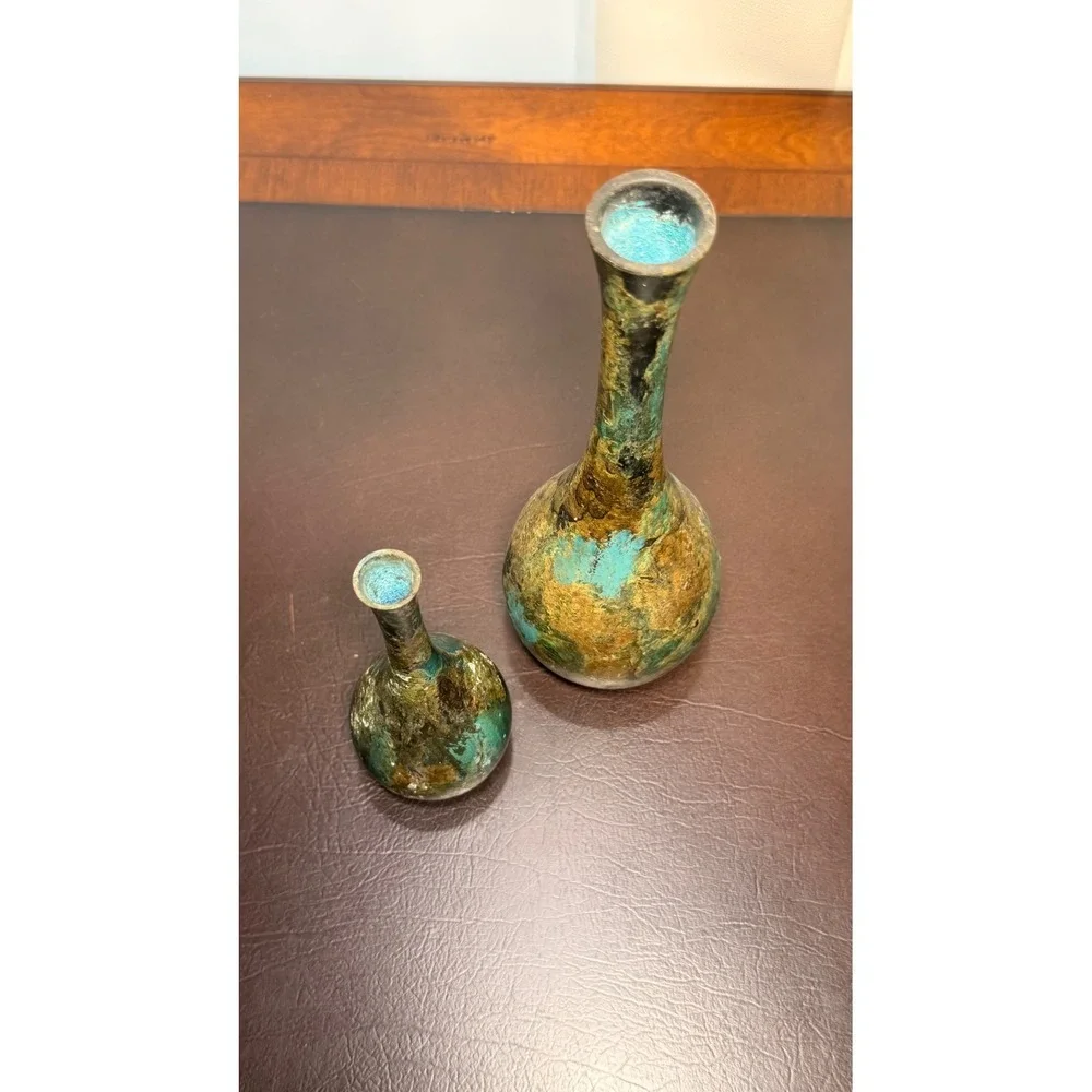 Vintage Japanese Style Patinated Bronze Solifleur Bud Vase Set Verdigris MCM